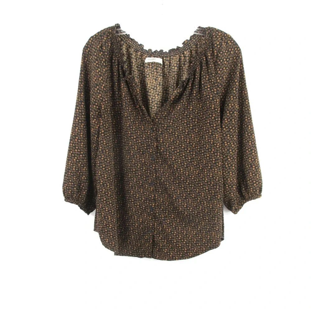 Old Navy Tunic Peasant Top Women L Brown Floral Puff Sleeve Cottage Core Blouse